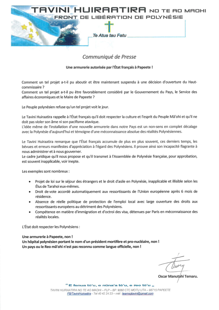 Armurerie Le Tavini Rappelle A L Etat Qu Il Ne Doit Pas Violer Le Pacifisme Atavique Du Peuple Ma Ohi Tntv